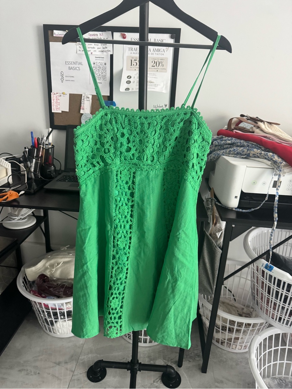Green Crochet-Trim Mini Dress with Spaghetti Straps